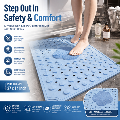 Sky Blue Non-Slip PVC Bathroom Mat Drain Holes (27 × 14 Inch)