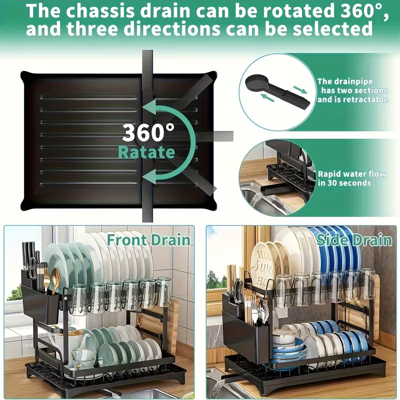 2-Tier Dish Drying Rack with Detachable Drainer & Utensil Holder f