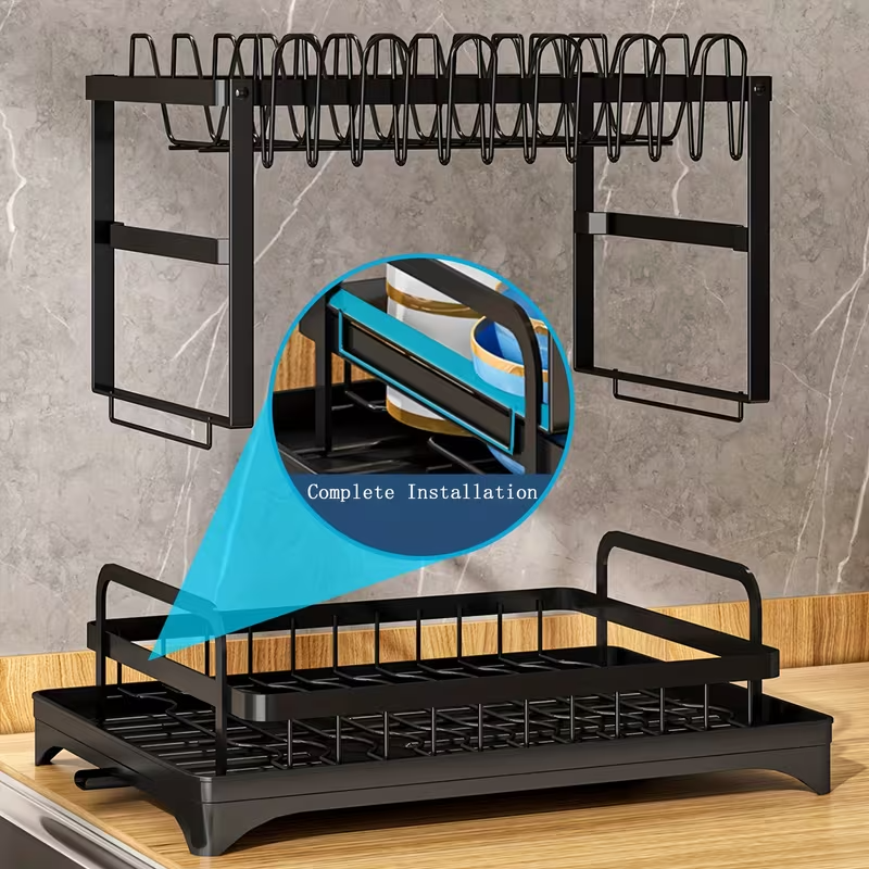 2-Tier Dish Drying Rack with Detachable Drainer & Utensil Holder f
